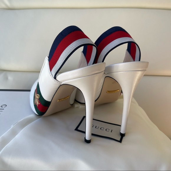 NIB Gucci White Leather Bee Embroidered Slingback Web Pumps 37EU/7US - Picture 10 of 10